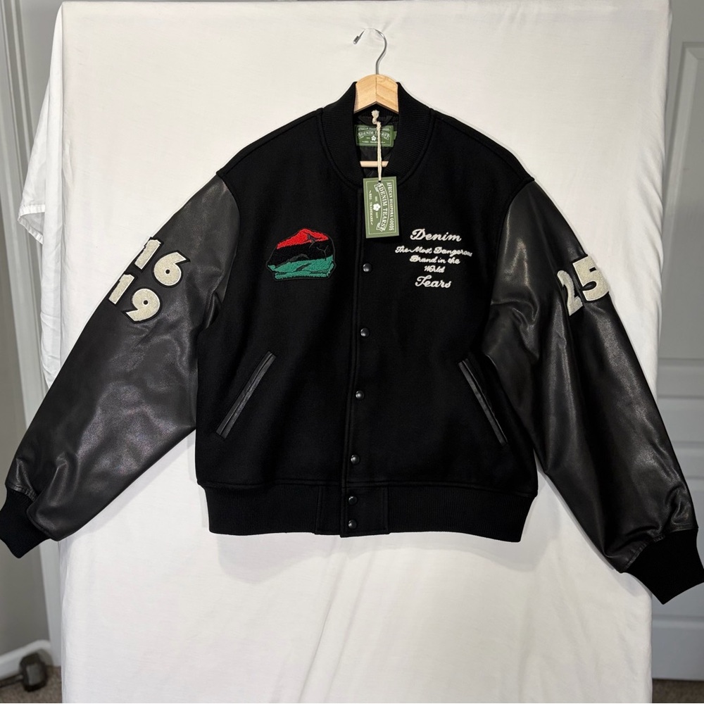 Denim Tears Peace Wreath Varsity Jacket Black Leather Wool Size S New With Tags